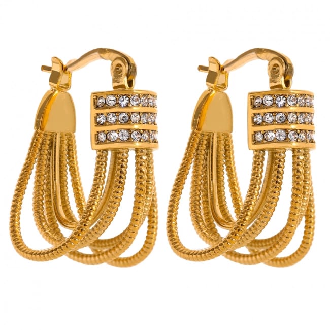 A pair of gold hoop earrings with a rectangular top set with clear rhinestones, from which five textured gold chains dangle, shown on a plain white background.